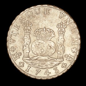 Moeda de prata rara, América espanhola, Rei Fernando VI, 8 Reale, Pilares de Hércules no Estreito de Gibralta com globos, coroa de Unbekannter Künstler