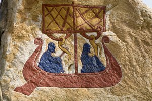 Registo e representação de um drakkar (navio Viking) Viking Rune. Museu Viking, Bork on Ringkoebing Fjord, Dinamarca de Unbekannter Künstler