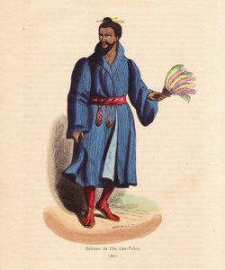 Residente das ilhas Ryu Kyu (Okinawa, Japão) - Homem das ilhas Lou-Tchou (ilhas RyukYu ou Okinawa moderna) - Xilogravura colorida à mão por Mercier de "Habits, Uses et Costumes de tous les Peuples du Monde, Asie", de Auguste Wahlen, pseudónimo de Jean de Unbekannter Künstler