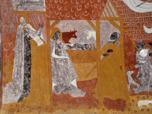 Arte românica: Frescos da capela funerária Sainte Catherine de Jouhet, Vienne, Poitou-Charentes (Poitou Charentes), França. Nativite. Fotografia de Unbekannter Künstler