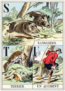 S T U : Sanglier, Terrier, Un accident - The Hunting Alphabet, c.1890 (gravura) de Unbekannt