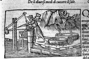 Produção de sal: cozimento. Gravura de Olaus Magnus (1490 - 1557), religioso e geógrafo sueco, "Historia de Gentis Septentrionalibus", Veneza de Unbekannt