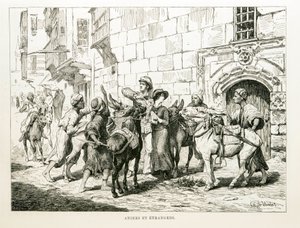 Desenho satírico retratando turistas ocidentais rodeados de burros e seus motoristas - Ilustração do Atlas do Egito de Unbekannt