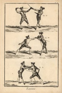 Segunda posição do desarme em tierce, desarme na carte ou seconde thrust, e segunda posição do desarme na carte. Gravura em talhe-doce de Robert Benard, da secção "Esgrima" da Enciclopédia de Denis Diderot, Pellet, Genebra de Unbekannter Künstler