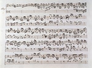 Página de partituras para Fuga de Handel de um manuscrito contendo duas obras de Domenico Scarlatti e Friedrich Handel de Unbekannter Künstler
