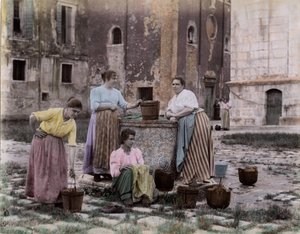 No campo San Pietro, no bairro de Castello, as mulheres encontram-se no poço, Veneza. Século XIX Imprimir em papelão Dim. 25x19 cm de Unbekannt