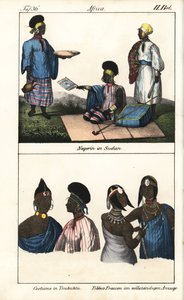 Mulheres sudanesas com vestido às riscas. Em baixo, mulheres de Timbuktu (Mali) e mulheres Tibbo do Sara. Litografia para o livro: "Galerie complete en tableaux fideles des peuples d