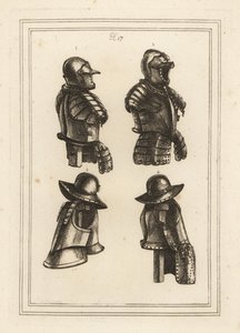 Fato de armadura com descanso de lança, capacete aberto 1, fato de armadura de arquebus 3, e fato de armadura de arquebus com coxas compridas 4 de Unbekannt
