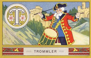 T: Trommler - Alfabeto Palmin. Série de cromolitógrafos publicada por H. Schlinck & Cie, Hamburg, n.d. . Anúncio para Palmin feinstes Cocosfett. Tamanho : 7 x 11 cm de William M. Timlin