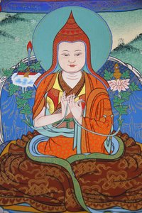 Templo da congregação dos Mil Budas Dashang Kagyu Ling Jamgon Kongtrul Lodroe Thaye Monk orando, La Boulaye, França de Unbekannt