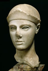 A Atena de Aegina, com capacete, cabeça de estátua, grego, Aeginetan, c.460 a.C. (mármore) de Unbekannt