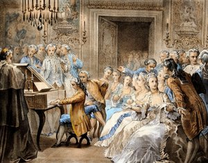 O compositor austríaco Wolfgang Amadeus Mozart (1756-1791), aos 14 anos de idade, reproduzindo de memória o "Miserere" de Gregorio Allegri de Unbekannter Künstler