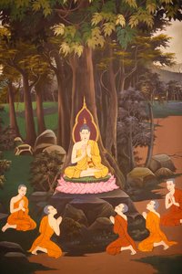 O Buda pregou o seu primeiro sermão aos cinco monges, Afresco de parede, Templo Wat Botum, Phnom Penh, 2022 (foto) de Unbekannter Künstler