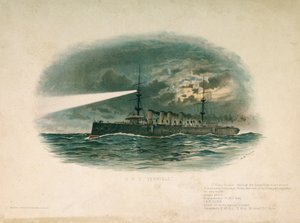 O HMS "Terrible", um cruzador de primeira classe, construído pela Barrow in Furness Shipbuilding and Arms Company em 1897. Cromolitografia no final do século XIX, por W.S. Tomkin (). de Unbekannter Künstler