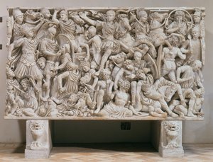 O sarcófago Ludovisi com representação em alto relevo dos romanos combatendo os bárbaros, 250-80 d.C. (mármore) de Unbekannt