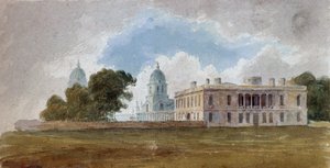 A Casa da Rainha e o Hospital de Greenwich (Inglaterra), com as cúpulas dos edifícios Queen Mary Court e King William Court. Pintura atribuída a David Cox (1783-1859), aguarela por volta de 1804. de Unbekannter Künstler