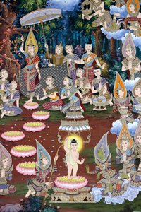 O nascimento do bebé Siddhartha, fresco de parede, mosteiro Wat Maniratanaram, Phnom Penh, 2022 (foto) de Unbekannter Künstler