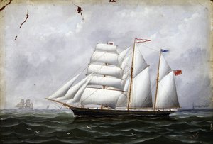 O barco "Ocean Swell", em plena navegação. Óleo sobre cartão de Unbekannter Künstler