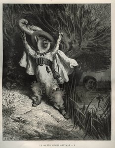 O gato do porta-bagagens pede ajuda. Gravura de Gustave Dore (1832-1883) de "Les contes" de Charles Perrault (1628-1703) de Unbekannt