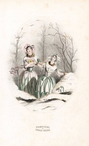 As taxas perfuram a neve e se destacam em uma paisagem nevada - Eau forte de Charles Geoffroy (1819-1882), baseado em uma ilustração de Jean Ignace Isidore Gerard dit J.J.J.Granville (1803-1847), para Les fleurs animees de Unbekannter Künstler