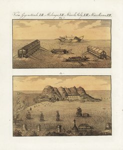As baterias flutuantes do exército britânico em Gibraltar em 1782. Uma barcaça de 210 canhões em dois níveis e outra barcaça de um só nível concebida pelo engenheiro francês de Arcon para bombardear a cidade. As baterias flutuantes da marinha britânica em  de Unbekannter Künstler