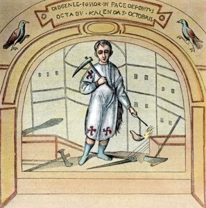 O fossor ou coveiro Diógenes como pintura mural na igreja de São Marcelino na Via Labicana em Roma, Itália, década de 1920 de Unbekannter Künstler