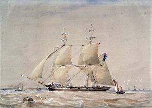 O veleiro HMS "Rolla", visto à primeira vista, no mar. Aguarela realçada com branco de Unbekannter Künstler