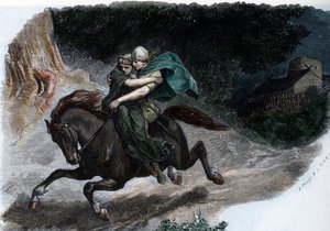 O senhor da guerra da tribo germânica dos Cherusci Arminius (Arménio) (18 a.C.-21 d.C.) raptando Thusnelda (Arminius (Hermann) chefe dos Cherusci germânicos e a sua mulher Thusnelda) Gravura de "Germania" de Johannes Scherr 1880 Coleção particular de Unbekannter Künstler