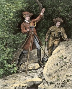 O jovem George Washington (1732-1799) a trabalhar como geómetra na Virgínia. Gravura a cores do século XIX. de Unbekannter Künstler