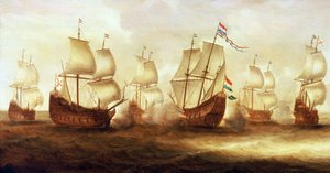 Guerra dos Trinta Anos (1618-1648): A ação do almirante Witte de With (1599 -1658) com os barcos de Dunquerque ao largo de Nieuwpoort (Holanda) em 1641 de Unbekannter Künstler