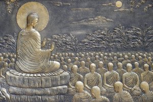 Tinh Xa Ngoc Chau templo budista, A Vida de Buda, Sidarta Gautama, Buda com discípulos, ensinando, O Buda exortou Seus primeiros sessenta discípulos Arahant a irem em diferentes direções para pregar a Doutrina, Chau Doc, Vietnã, 2018 (pho de Unbekannt