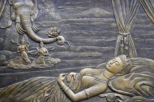 Tinh Xa Ngoc Chau templo budista, A Vida de Buda, Siddhartha Gautama, a Mãe Maya de Buda sonha com o Elefante Branco a entrar no seu ventre, Chau Doc, Vietname, 2018 (foto) de Unbekannt