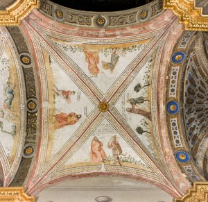 Transept sul do terceiro span oeste, Isaac pede a Exhaù para trazer-lhe caça, Rebecca veste Jacob com roupas de Exhaù, Jacob confundido com Exhaù dá comida a Isaac, Esaac retorna com caça, Catedral de Santa Maria Assunta, Duomo, Cremona, Lombardia, Itália  de Unbekannt