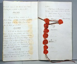 Tratado que estabelece a Bélgica como Estado Soberano, assinado a 15 de Novembro de 1831 na Conferência de Londres (caneta e tinta & cera sobre papel) de Unbekannt