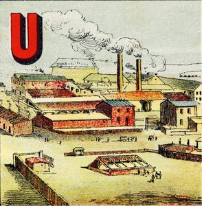 U: Fábrica. Uma fábrica é uma enorme fábrica onde existe uma grande quantidade de máquinas; como na gigantesca fábrica de Creusot - Gravura tirada da geografia alfabética. Guerin-Muller et Cie, editeurs, Paris de Unbekannt