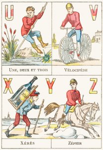 UVXYZ; U: Um, dois e três; V: Velocípede; X: Xeres; Z: Zephir - Alfabeto de Jogos, c.1890 (gravura) de Unbekannt