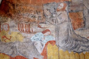 A igreja Vault de Lugny. Pintura mural do século XVI. Cristo na sua paixão. Gethsemane, Jesus reza, enquanto isso, os discípulos descansam. FranÃ§a Â de Unbekannt
