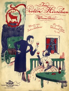 Romance vienense - casal do início do século XIX a beber vinho tinto e a brindar no "Red Deer de Unbekannter Künstler