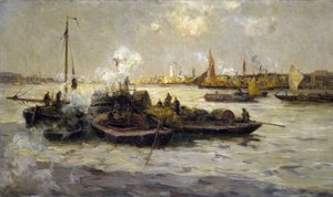 Vista de Limehouse, Inglaterra, com uma descrição da industrialização do Tamisa no final da era vitoriana (fim do século XIX) e de rebocadores, cortadores e barcaças; em segundo plano, a Torre Branca de São Jorge de Unbekannter Künstler