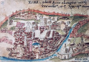 Vista de Roma, detalhe, aquarela cópia do mapa por Leonardo Besozzo, Itália