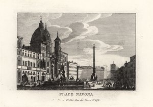 Vista da Piazza Navona, com a fonte, obelisco egípcio e igreja de Sant