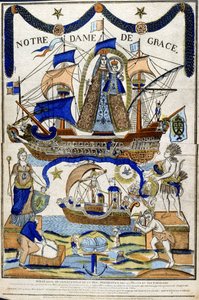 A Virgem Maria como Madonna in Glory (Notre Dame de Grace), protetora dos marinheiros e dos viajantes. A Dover do Espírito Santo sobrevoa o navio na metade inferior. Século XIX (xilogravura francesa) de Unbekannter Künstler