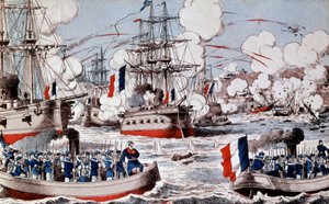 Guerra entre a China e a França (1884-1885) : Destruição da frota chinesa pelo almirante Courbet em Fou Tcheou, 23 de agosto de Unbekannter Künstler