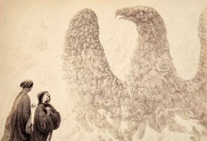 No interior da Esfera de Júpiter, Dante vê os espíritos bem-aventurados organizarem-se sob a forma de uma águia, símbolo do Império. Ilustração do Canto XVIII do Paradiso de A Divina Comédia de Dante Alighieri. Obra de Francesco Scaramuzza dedicada ao Impé de Unbekannter Künstler