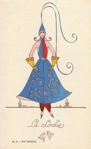 Mulher em traje de fantasia de sino, la bell, com chapéu, vestido e luvas em forma de sino e campanários em fundo. Litografia de artista desconhecido com coloração manual a estêncil de "Nos Travestis" (Os nossos fatos de fantasia), Paris de Unbekannter Künstler