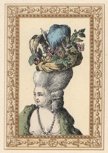 Mulher de cabelo penteado para cima com um chapéu decorado com uvas e penas, chamado Racy Cap, num parque inglês. Chapéu de galante no parque inglês. Litografia colorida à mão de Laubadere da obra Stylish Hairstyle or Eccentric Finery de Octave Uzane da ép de Unbekannter Künstler