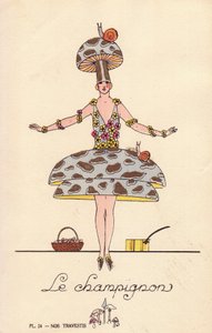 Mulher num fato de fantasia de cogumelo, com cogumelo, chapéu e vestido em forma de cogumelo, decorado com caracóis e flores. Litografia de artista desconhecido com coloração manual a estêncil de "Nos Travestis" (Os nossos fatos de fantasia), Paris de Unbekannter Künstler