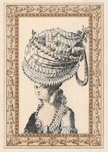 Mulher com um enorme chapéu chamado "Felicidade do Século". Litografia colorida à mão por de Laubadere de Octave Uzane de Stylish Hairstyle or Eccentric Finery from the era of King Louis XVI, Hairstyles de Style, La Parure Eccentric, Rouveyre, Paris de Unbekannter Künstler