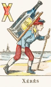 X : Xeres, um menino está segurando nas costas uma grande garrafa de vinho - Jogos Alfabeto, c.1890 (gravura) de Unbekannt