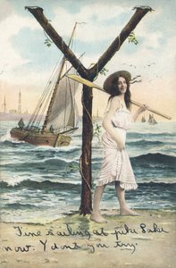 Y : Uma mulher descalça, com um vestido sem mangas curtas, segura um remo no seu ombro esquerdo. Decoração marinha - Alfabeto caracteres Ref Th. E., L. Theochrom - Serie 994. Theodor Eisman, editor, Leipzig de Unbekannt